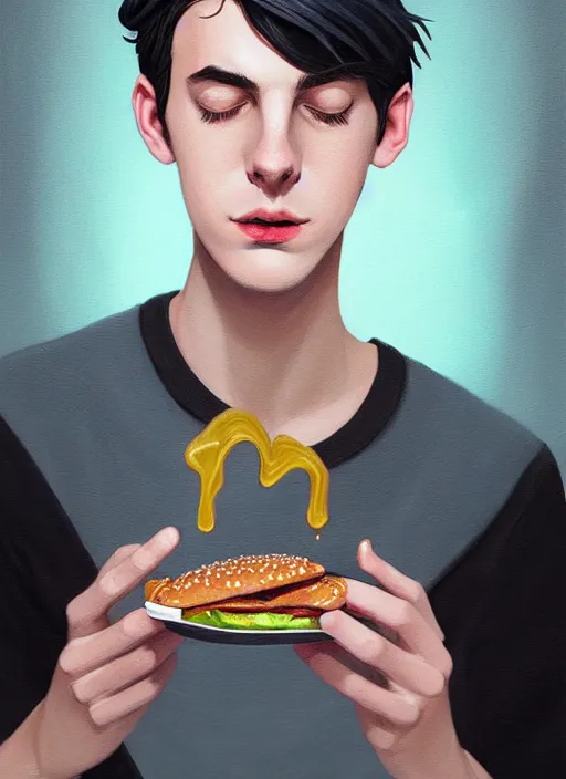 Image similar to portrait of teenage jughead jones wearing a light grey crown, crown, eating hamburger, eyes closed, crown, black hair, intricate, elegant, glowing lights, warm lighting, highly detailed, digital painting, artstation, concept art, smooth, sharp focus, illustration, art by wlop, mars ravelo and greg rutkowski