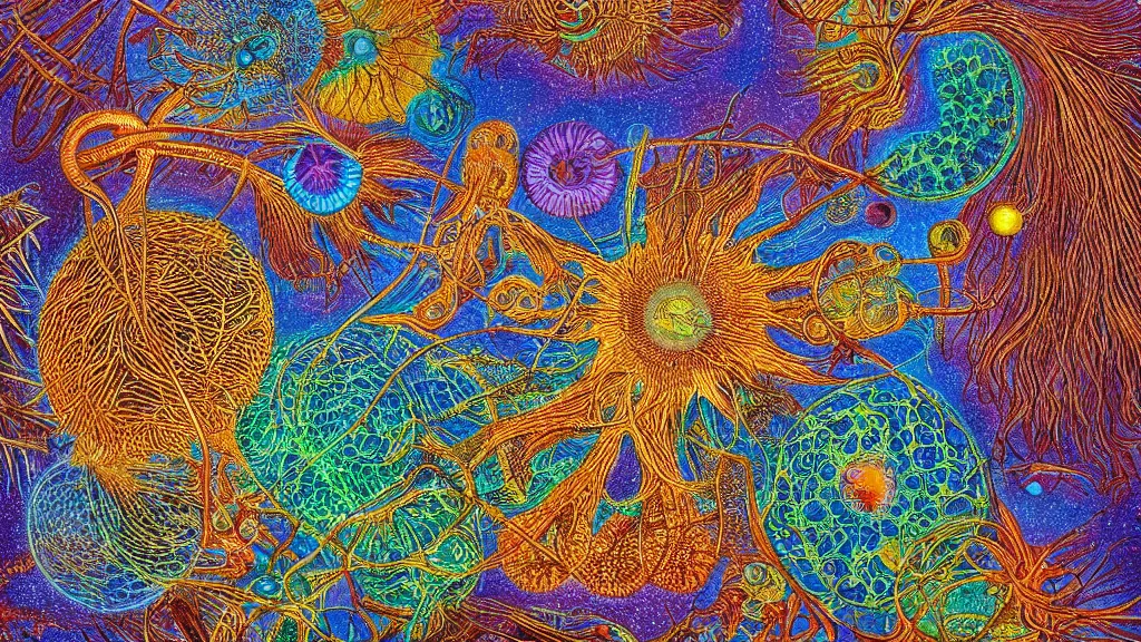 Image similar to quantum connections represented as symbiotic organisms like cells playing around with colorful lights by ernst haeckel, sharp