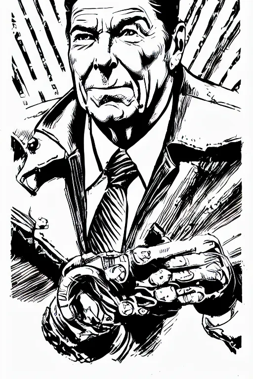 Image similar to ronald reagan, mid - shot, a page from cyberpunk 2 0 2 0, style of paolo parente, style of mike jackson, adam smasher, johnny silverhand, 1 9 9 0 s comic book style, white background, ink drawing, black and white, colouring pages