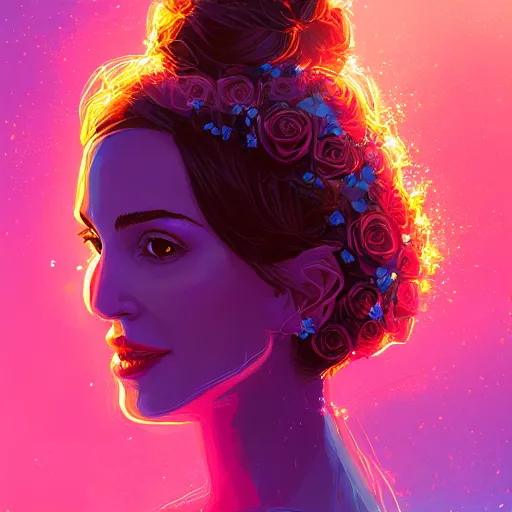 Prompt: beautiful charming goddess of sunshine and roses, inspired by natalie portman and stephanie beatriz, character art portrait, deviantart artstation, by alena aenami, by michael whelan, behance hd, bokeh