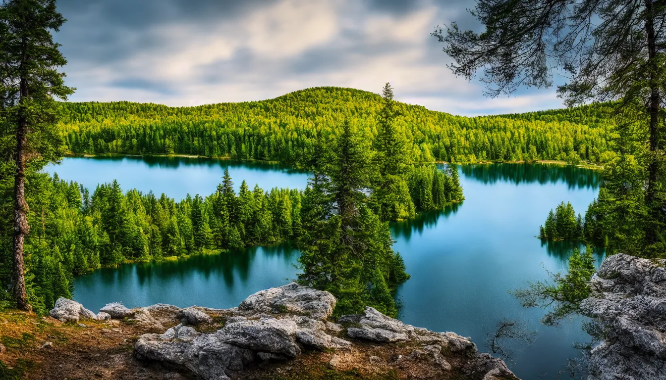 Image similar to eastern european, small lake view from hill shore, national park, nature, atmospheric, ambient vibe, very detailed, high resolution, 8 k