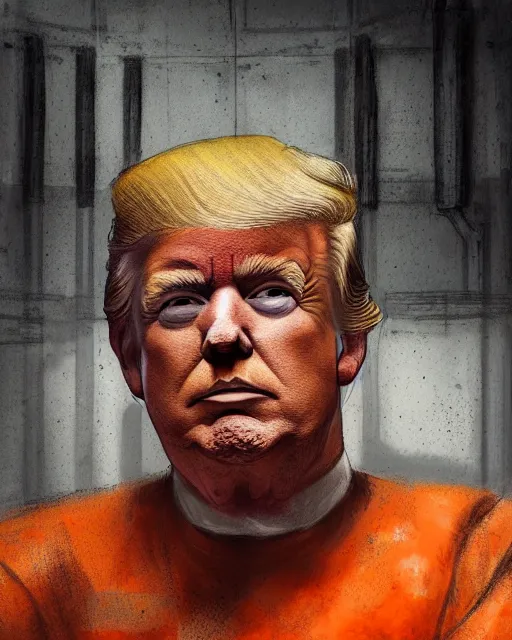 Image similar to a headshot portrait of Donald trump sitting on the floor of a filthy rat infested concrete jail, dimly lit, volumetric lighting, wearing a orange jumpsuit in jail by craig mullins, octane,