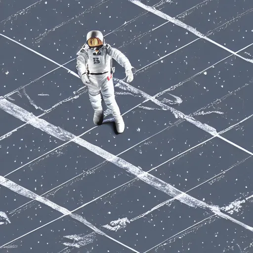 Prompt: man in silver space suit walking on catwalk suspended in the darkness of space, surrounded by stars, isometric view