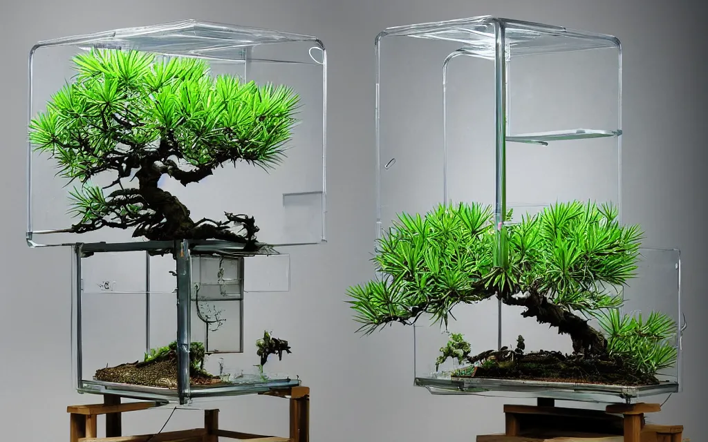 Prompt: a plant incubator made of china furniture, glass, stainless steel, precision instruments and screens. there is a pine bonsai inside. there are many transparent hoses filled with water and mist in the glass box. there are two nozzles on both sides of the box spraying water mist by rene magritte
