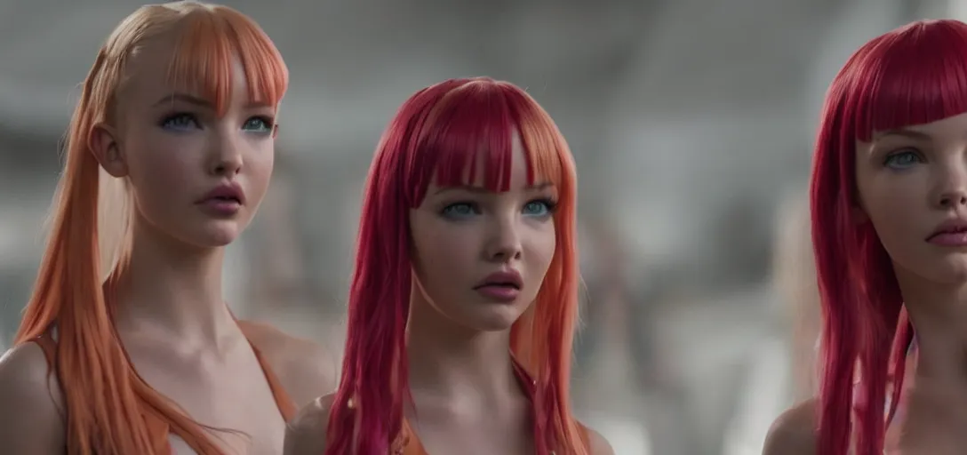 Image similar to a young woman who is a mix of dove cameron and madison beer and milla jovovich stars as leeloo in the 2 0 2 4 remake of the 5 th element, cinematic still, action shot, 8 k hdr