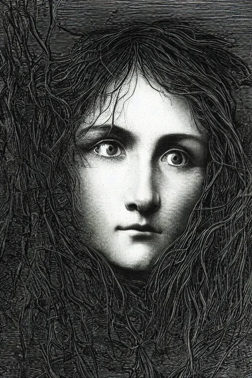 Image similar to extreme close-up portrait of a woman, face covered by hair, forest background, Gustave Dore lithography