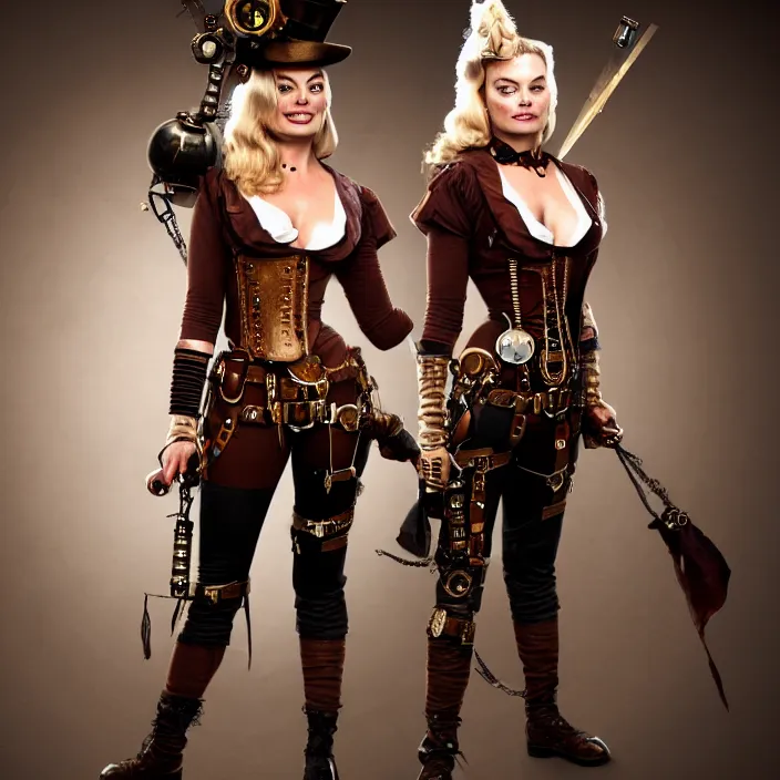 Image similar to full body photograph of a margot robbie as a steampunk warrior, Extremely detailed. 8k