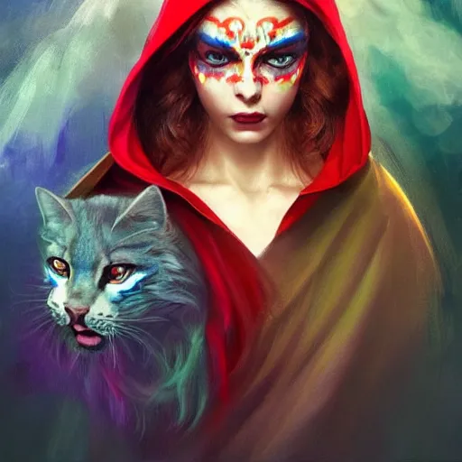 Image similar to Beautiful face Portrait of Little Red Riding Hood with a rainbow panther, face painting, dramatic lighting, intricate, wild, highly detailed, digital painting, artstation, concept art, smooth, sharp focus, illustration, art by artgerm and greg rutkowski and alphonse mucha, footage from space camera