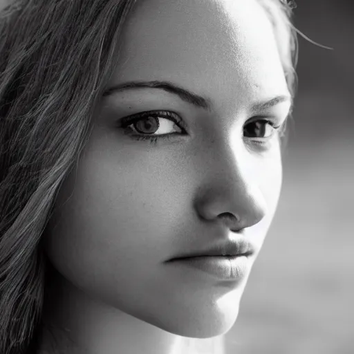 Prompt: bw closeup photo of a beautiful woman face, golden hour, 8 0 mm lens,