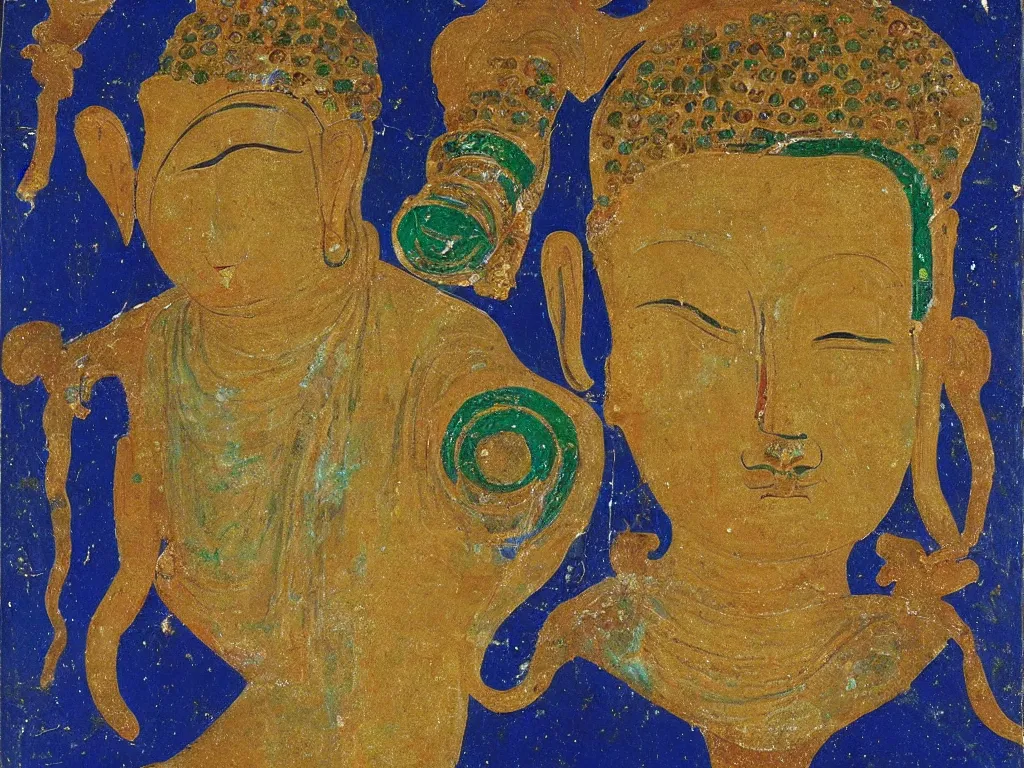 Image similar to portrait of the buddha with a bull. lapis lazuli, malachite, cinnabar, gold. minoan painting