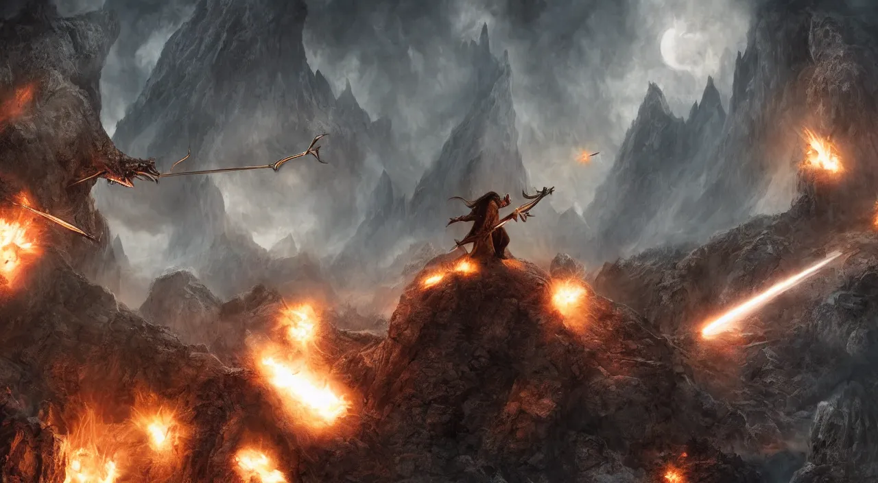 Image similar to gandalf shooting a balrog with a rocket launcher on the bridge of khazad dum, dark, fiery, mines of moria, lord of the rings aesthetic, in style of alan lee, cinematic, cinematic lighting, octane render, highly detailed