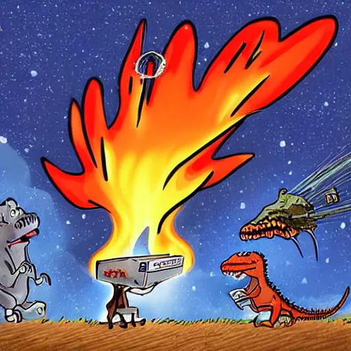 Prompt: a newspaper cartoon with dinosaur characters looking into their phones as a flaming comet lights up the sky