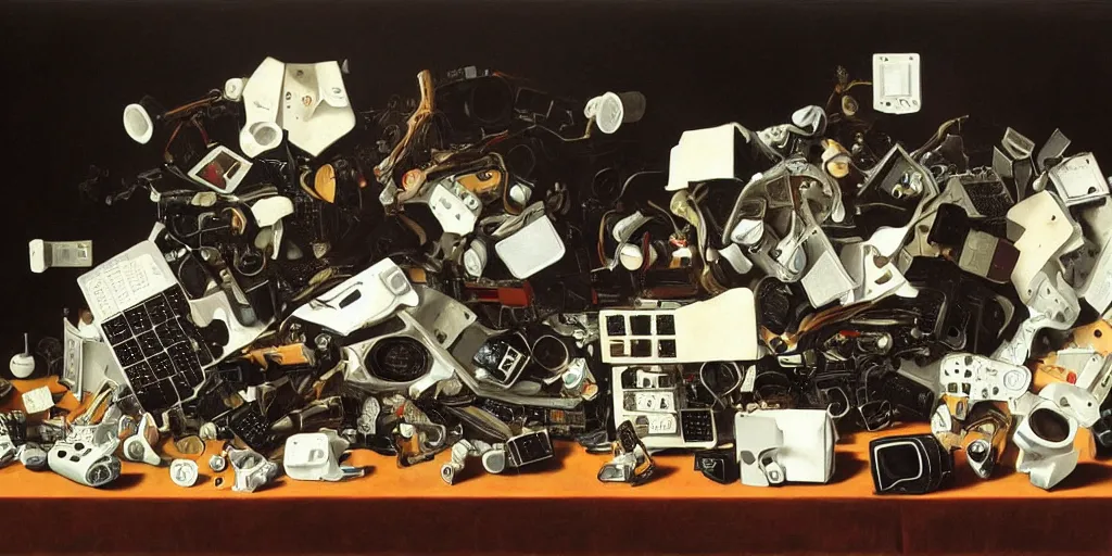 Prompt: a still life painting made of computer parts styled by caravaggio