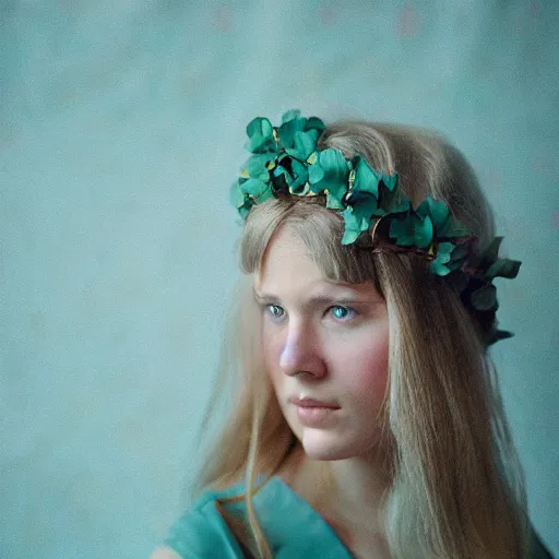 Image similar to a photograph of beautiful nordic woman wearing a white folkdrakt dress, she has a summer flower headband. against a teal studio backdrop. strong kodak portra 4 0 0 film look. film grain.