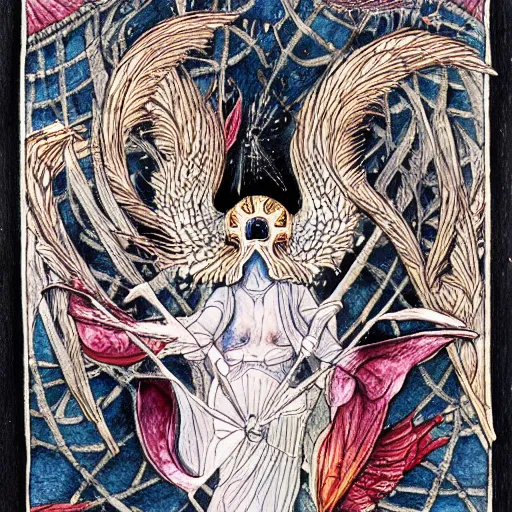 Prompt: The Tarot card of life and death, ballpoint pen and watercolor combination, detailed