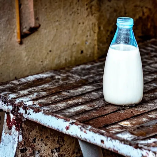 Prompt: bottle of milk, over a rusted metal table inside slaughterhouse