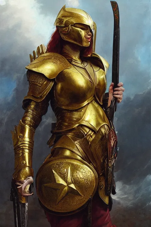 Image similar to a beautiful valkyrie , half body portrait, ginger hair, heavy gold armour, realistic oil painting by Thomas Cole and Wayne Barlowe and Boris Valejo