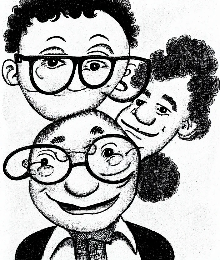 Prompt: illustration of jewish young man with glasses, dark short curly hair smiling, in the style of maurice sendak