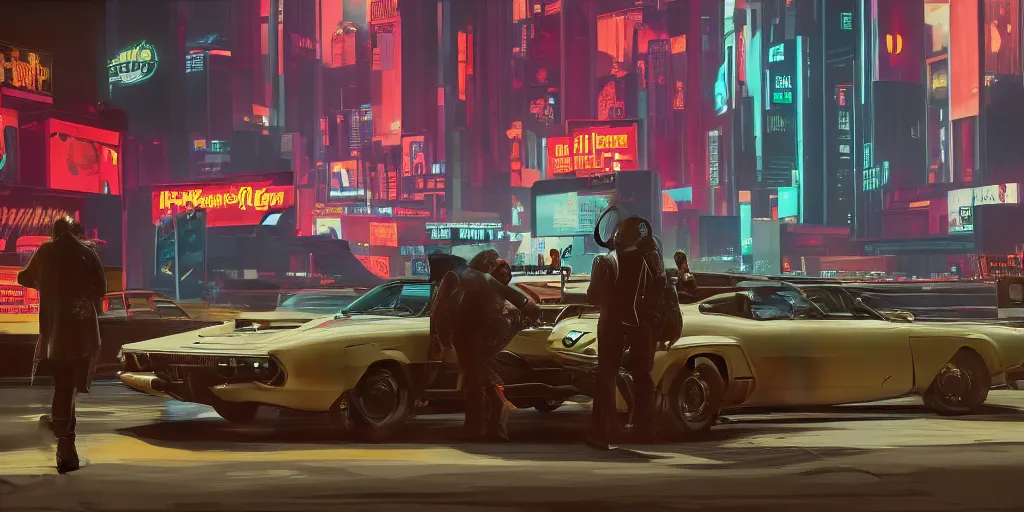 Image similar to art style by Ben Aronson and Edward Hopper and Syd Mead, wide shot view of the Cyberpunk 2077, on ground level.