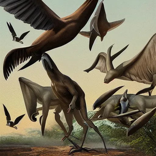 Image similar to a flock of pterodon sitting in a tree, paleo art, realistic, detailled, epic