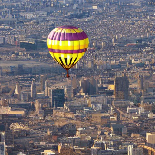 Prompt: Steampunk balloon in the air, flying above the city.