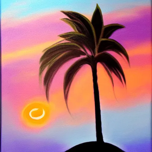 Prompt: oil painting of a palm tree silhouette against a pastel sunset