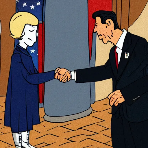 Image similar to the hollow knight shaking hands with ronald reagan