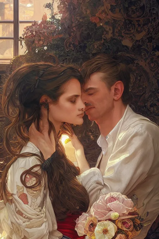 Image similar to portrait of a man in dhl van hugging his wife, feelings, romantic, fantasy, intricate, elegant, highly detailed, digital painting, artstation, concept art, smooth, sharp focus, illustration, art by artgerm and greg rutkowski and alphonse mucha