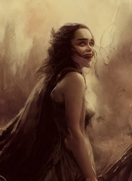 Image similar to smiling young emilia clarke vampire, mouth open, staring seductively, detailed by gaston bussiere, bayard wu, greg rutkowski, giger, maxim verehin, greg rutkowski, masterpiece, sharp focus, cinematic lightning