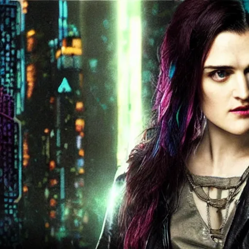 Image similar to Katie McGrath as Cyberpunk Morgana