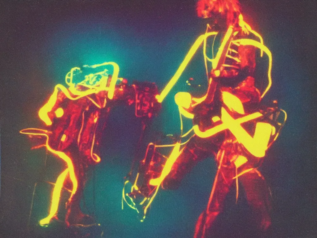 Image similar to 1980s polaroid colour flash photograph of a creature made of electric guitars