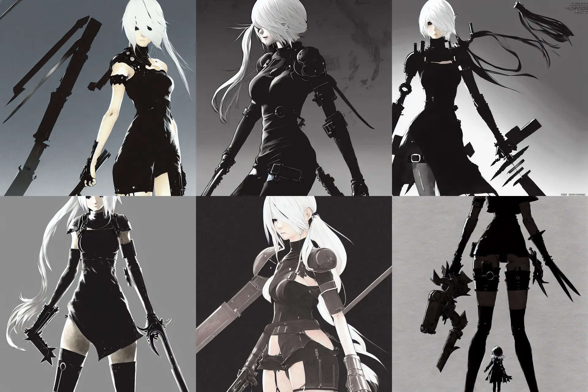 Prompt: a 2 from nier automata illustrated by akihiko yoshida, concept art, highly detailed