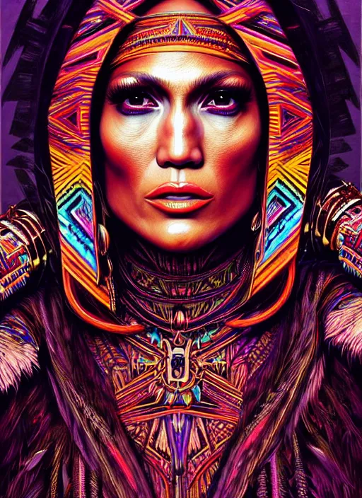 Image similar to portrait of jennifer lopez, hyper detailed ultra sharp aztec shaman warrior. trending on artstation, warpaint aesthetic, bloodwave, colorful, psychedelic, ornate, intricate, digital painting, concept art, smooth, sharp focus, illustration, art by artgerm and greg rutkowski and h. r. giger, 8 k