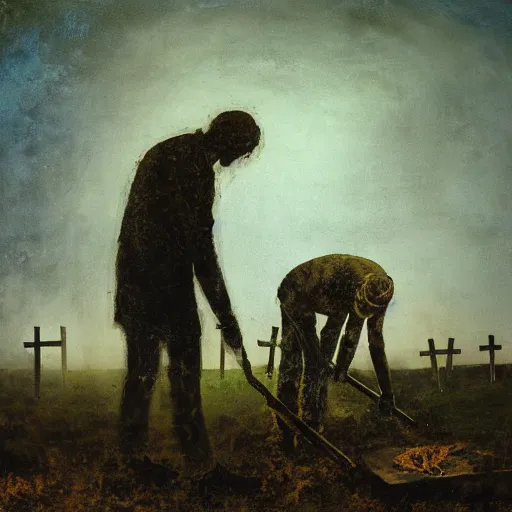 Prompt: one man in a cemetery digging up a dead body, by nicola samori, painting, 8 k, high detail, medium blue, orange, and dark green tones, high quality, sad feeling, high detail, dark colors, sinister atmosphere, dramatic lighting, cinematic, establishing shot, extremely high detail, photo realistic, cinematic lighting