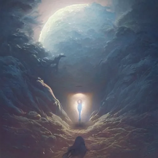Image similar to a hyperrealistic acrylic on canvas portrait painting of the Moon Goddess by Greg Rutkowski, Artgerm and Beksinski. Epic fantasy art. Vivid cinematic lighting. Night scene.
