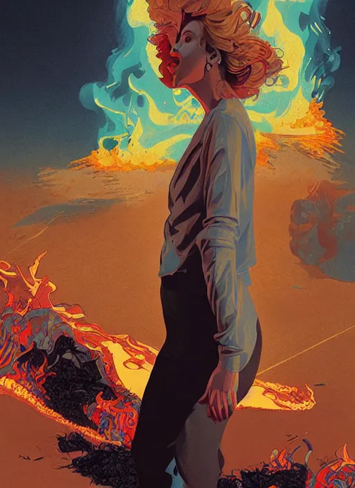 Image similar to poster artwork by Michael Whelan and Tomer Hanuka, Karol Bak of semi truck on side exploding woman walks away from the flames, from scene from Twin Peaks, clean