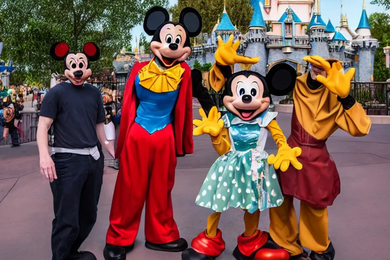 Prompt: an awkward interaction with grossly deformed costumed characters at disneyland. holder. are terrified. highly detailed, 1 6 k resolution, ultra realistic