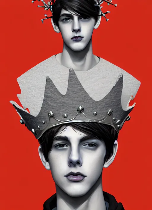 Image similar to portrait of teenage jughead jones wearing a light grey crown, photorealistic, crown made of fabric, crown made of felt, black hair, intricate, elegant, highly detailed, digital painting, glowing lights, artstation, concept art, smooth, sharp focus, illustration, art by wlop, mars ravelo and greg rutkowski