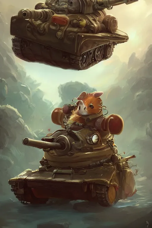 Image similar to cute little anthropomorphic Guinea Pig driving a tiny tank, tiny, small, short, American tanker outfit, cute and adorable, pretty, beautiful, DnD character art portrait, matte fantasy painting, DeviantArt Artstation, by Jason Felix by Steve Argyle by Tyler Jacobson by Peter Mohrbacher, cinematic lighting