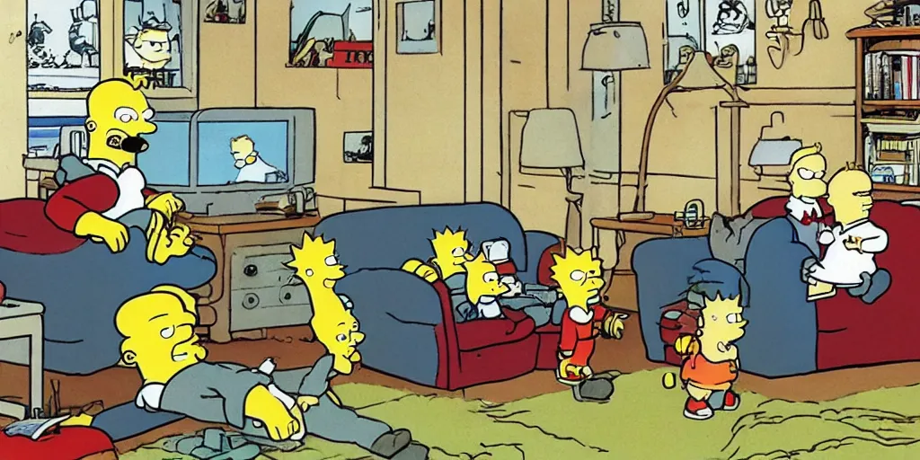 Prompt: Tintin and Snowy watching the simpsons on tv, the adverntures of tintin, where's wally. drawing, cartoon, sofa