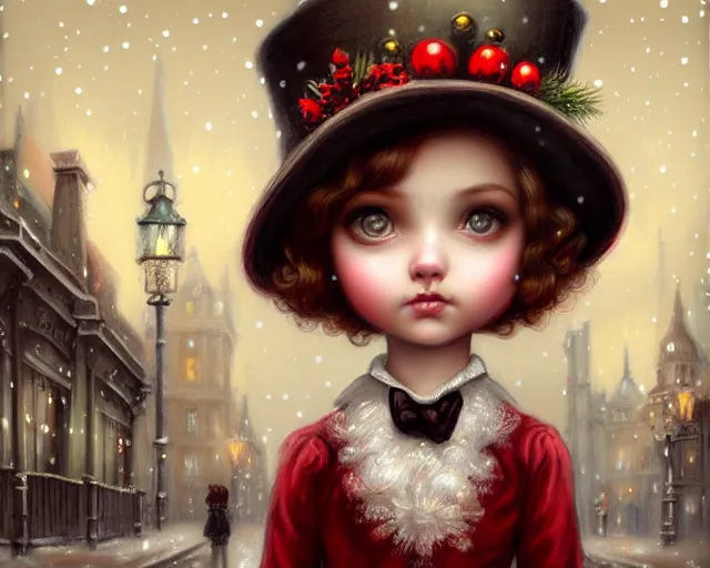 Image similar to closeup profile portrait of victorian london streets, nicoletta ceccoli, mark ryden, lostfish, max fleischer, hyper realistic, artstation, illustration, digital paint, matte paint, vivid colors, bright, cheerful, detailed and intricate christmas environment