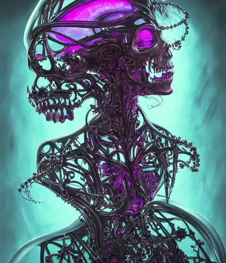 Image similar to fully symmetrical centered iridescent portrait of a beautiful princess of death in robe. skulls artificial muscles, ribcage, bones, hard surface modelling. cyberpunk look. biomechanical mask. bio luminescent biomechanical halo around head. neon jellyfish. artwork by jarold Sng by artgerm, by Eddie Mendoza, by Peter mohrbacher by tooth wu, unreal engine, octane render, cinematic light, high details, iridescent colors, dichroic, macro, depth of field, blur