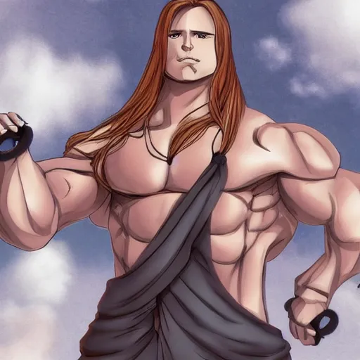 Image similar to well built man, rusty colored long hair, anime, high details,