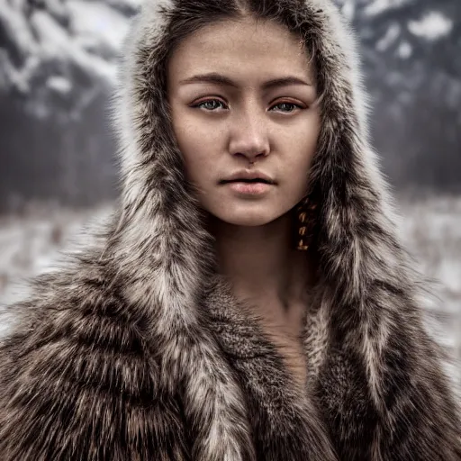 Prompt: portrait of a stunningly beautiful siberian tribal female, depth of field, zeiss lens, detailed, symmetrical, centered, fashion photoshoot, by Annie Leibovitz and Steve McCurry, David Lazar, Jimmy Nelsson, Breathtaking, 8k resolution, extremely detailed, beautiful, establishing shot, artistic, hyperrealistic, beautiful face, octane render