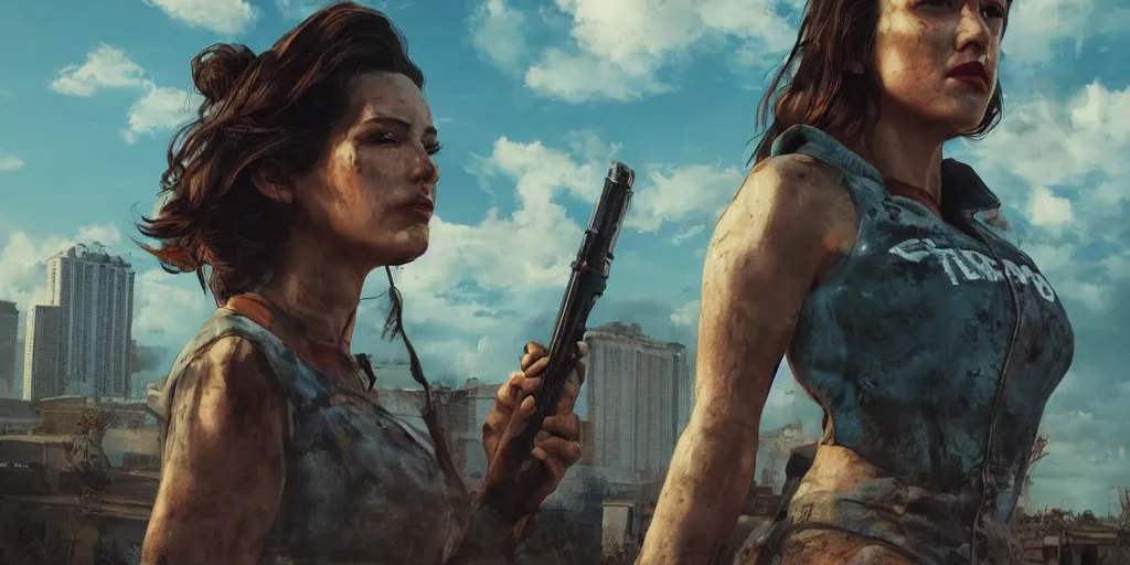 Image similar to fallout 5 : miami, charismatic beautiful rugged brunette female protagonist, portrait, outdoors ruined cityscape, atmospheric lighting, painted, intricate, volumetric lighting, beautiful, summer, sunny weather, few clouds, sharp focus, deep colours, ultra detailed, by leesha hannigan, ross tran, thierry doizon, kai carpenter, ignacio fernandez rios