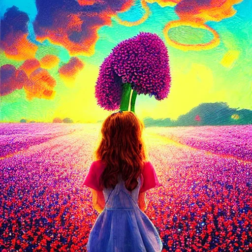 Image similar to large flower face, girl standing in a flower field, surreal photography, sunrise dramatic light, impressionist painting, colorful clouds, digital painting, pointillism, artstation, simon stalenhag