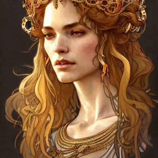 Prompt: highly detailed portrait of a majestic lioness queen as a beautiful woman. d & d, art by anton pieck and greg rutkowski and alphonse mucha and magali villeneuve. trending on artstation, intricate details, energetic composition, golden ratio, concept art, illustration, elegant art