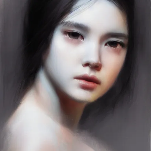 Image similar to a cute girl by ruan jia, closeup headshot, black ponytail, movie style.