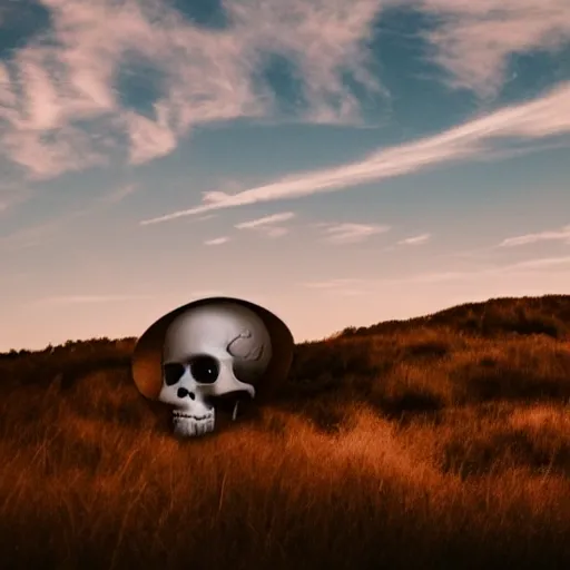 Image similar to a photo of a cloud with the shape of a skull, blue sky