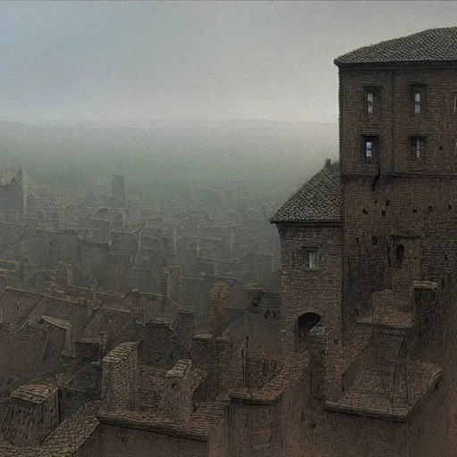 Image similar to landscape of old town made by zdzislaw beksinski